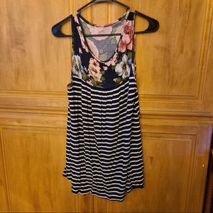 Navy and white striped floral sleeveless tank